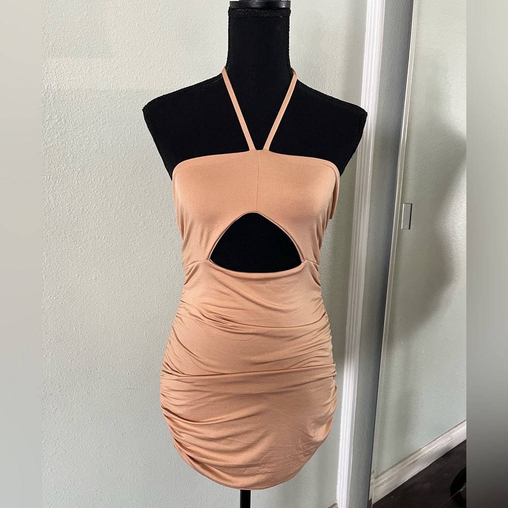 Orphe Tan Halter Cutout Dress Detailing Ruching Size Small